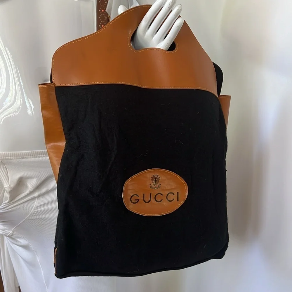 Gucci 60’s Black Felt & PVC Logo Patch Tote Shopper Bag Packs Flat